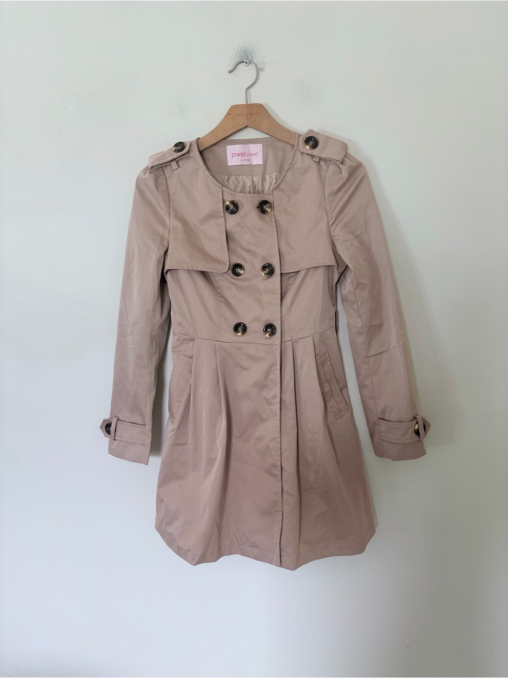 Brown double-breasted trench coat pleated long jacket wind breaker S